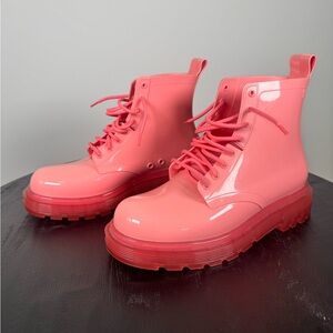 Melissa Pink Patent Rain Boots | Size 9 | Chunky Lug Sole Jelly Combat Boots